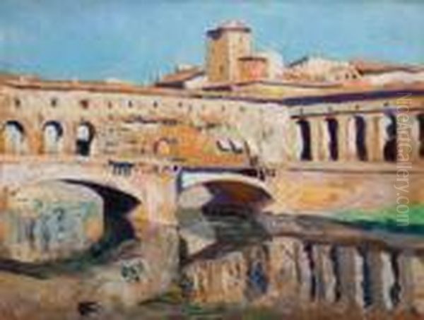 Vue Du Ponte Vecchio A Florence Oil Painting by Lucien Hector Jonas