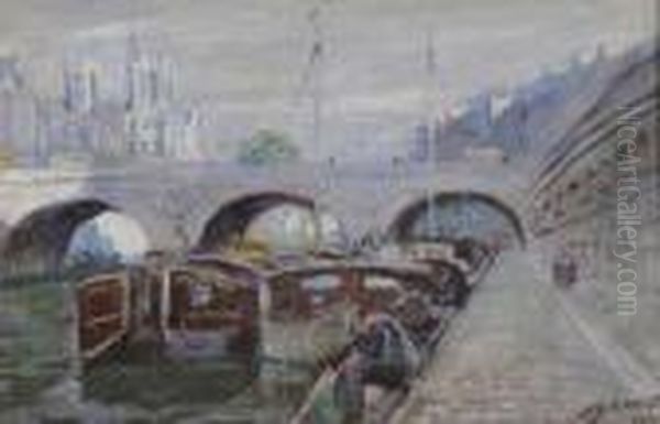 La Seine A Notre Dame Oil Painting by Lucien Hector Jonas