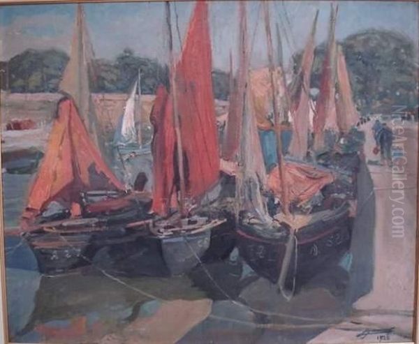 Voiliers A Quais Oil Painting by Lucien Hector Jonas