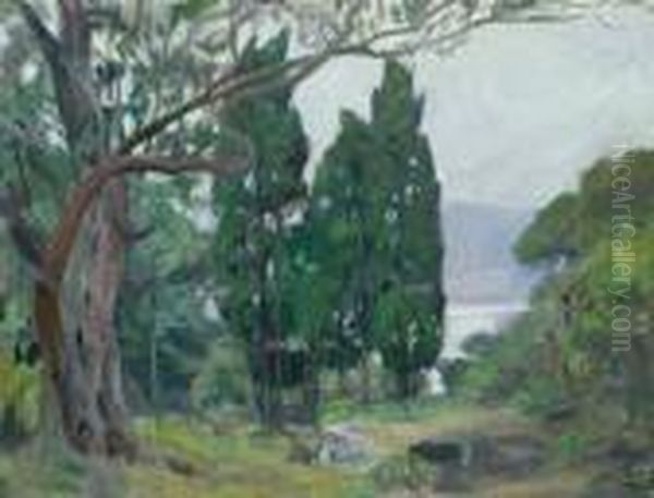 Sudfranzosische Landschaft Mit Einem Hain Bei Cap Martin An Der Cote D'azur Oil Painting by Lucien Hector Jonas