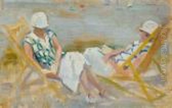 Jeunes Femmes Dans Un Transat Sur La Plage (villers-sur-mer ?) Oil Painting by Lucien Hector Jonas