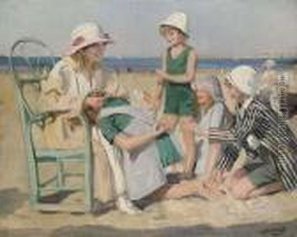 Jeu De Devinettes Sur La Plage, La Famille De L'artiste Oil Painting by Lucien Hector Jonas