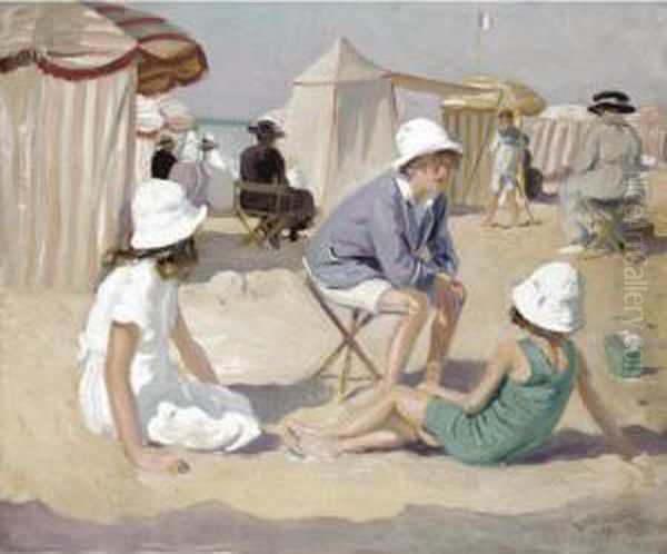 La Plage A Villers Sur Mer Oil Painting by Lucien Hector Jonas