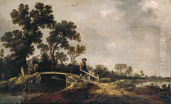 A horseman and a peasant with a wheel-barrow on a bridge in a river landscape Oil Painting by Pieter de Neyn