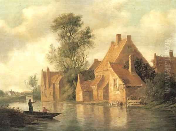 A river landscape with fishermen in a boat and cottages on an embankment Oil Painting by Pieter de Neyn