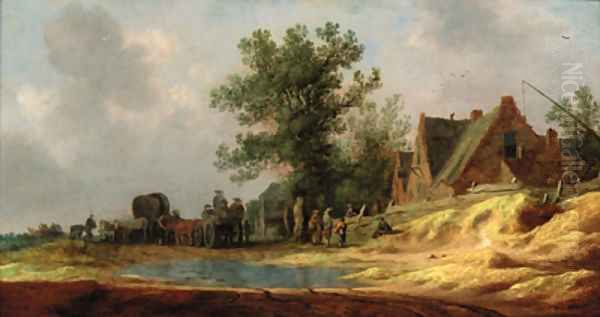 Travellers on a flooded path in a landscape, an inn beyond Oil Painting by Pieter de Neyn