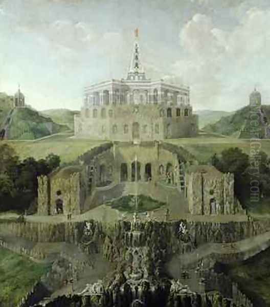 View from the Riesenkopf Waterfalls over the Distorted Water-grotto to the Octagon after 1716 Oil Painting by Jan van Nickelen