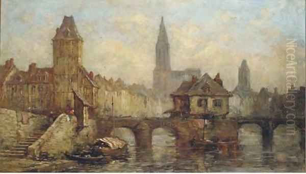 On the river at Petit France, before Strasbourg Cathedral Oil Painting by Jules Achille Noel