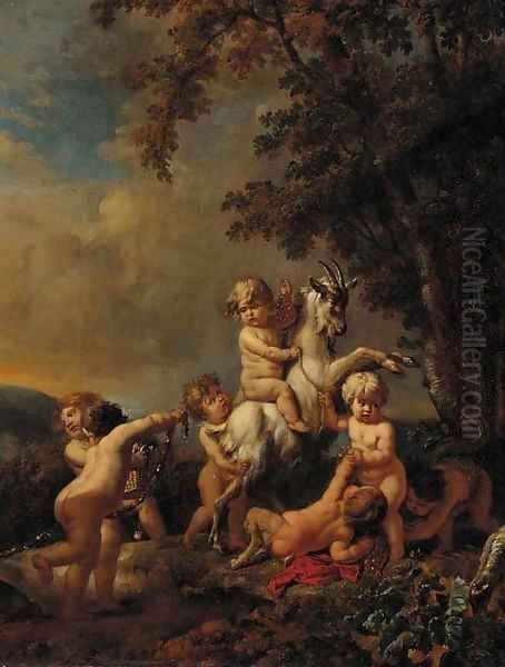 Putti and a faun disporting with a goat Oil Painting by Jan van Neck