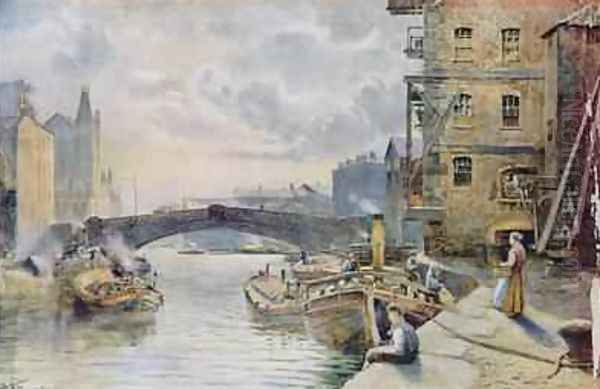 Leeds Bridge from Aire and Calder Navigation Wharf 1911 Oil Painting by Arthur Netherwood