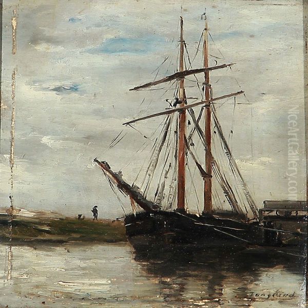 A Schooner At A Quay Oil Painting by Johan Barthold Jongkind