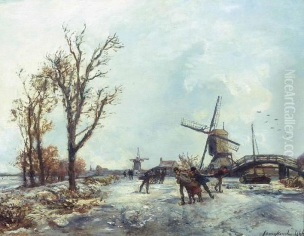 Skaters By A Windmill Oil Painting by Johan Barthold Jongkind