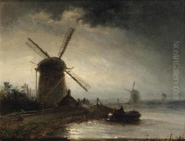 Opkomende Maan; A River Landscape With A Windmill At Dusk Oil Painting by Johan Barthold Jongkind