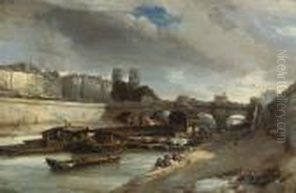 Bateau-lavoir Pres Du Pont-neuf, Paris Oil Painting by Johan Barthold Jongkind