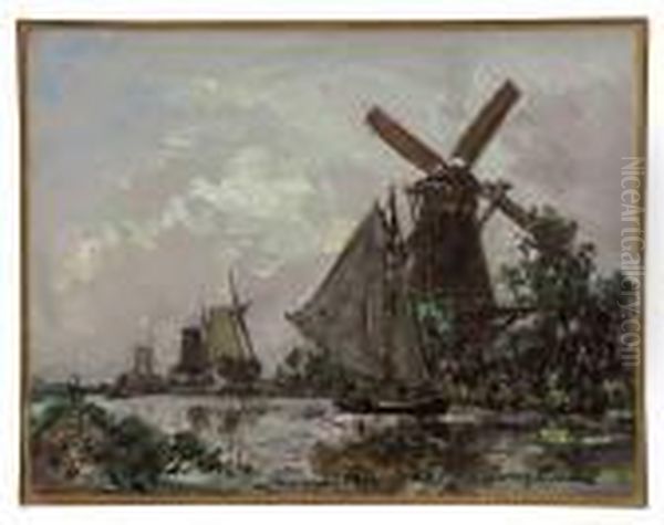 A Windmill On A River Landscape Oil Painting by Johan Barthold Jongkind