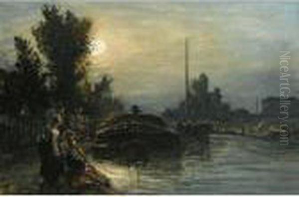 Clair De Lune Sur La Riviere, Hollande Oil Painting by Johan Barthold Jongkind