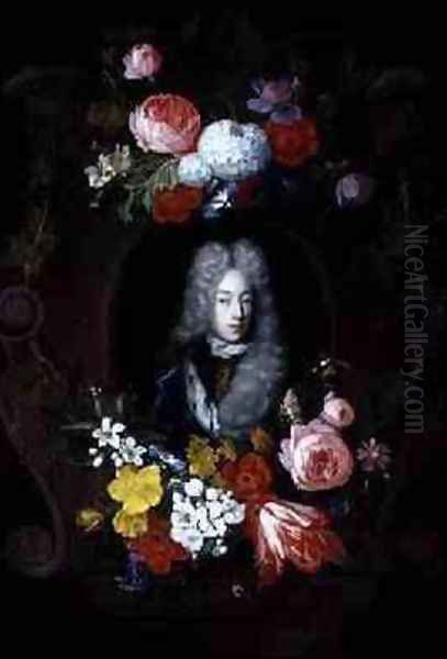 A Portrait of a Man surrounded by a Garland of Flowers 1696 Oil Painting by Constantijn & Heem, D.C.de Netscher