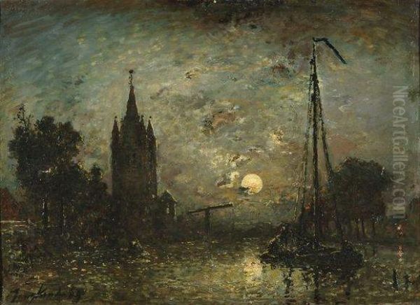 Sur Le Canal Le Soir Oil Painting by Johan Barthold Jongkind