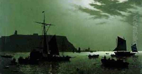 Scarborough Castle Hill and Harbour by Moonlight 1876 Oil Painting by H. P. Newmanns