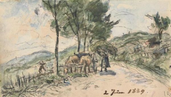 Paysanne Et Son Attelage De Boeufs (recto); Attelage De Boeufs Surla Route (verso) Oil Painting by Johan Barthold Jongkind