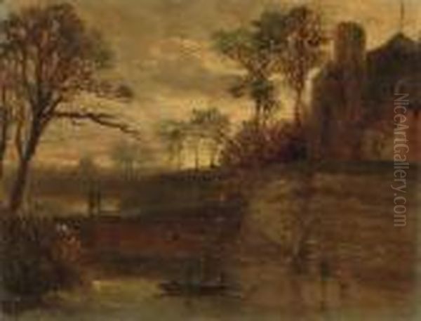 Attributed Fishermen At The River Bank Oil Painting by Johan Barthold Jongkind