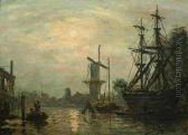 Harbor Scene With Windmill Oil Painting by Johan Barthold Jongkind