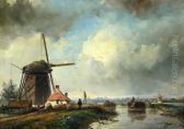 Moulins Et Barques En Hollande Oil Painting by Johan Barthold Jongkind