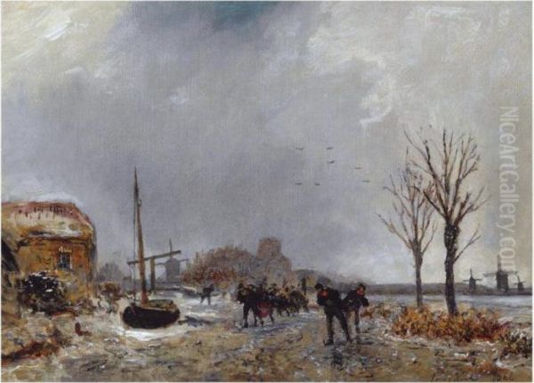 Many Skaters On A Frozen Canal Oil Painting by Johan Barthold Jongkind