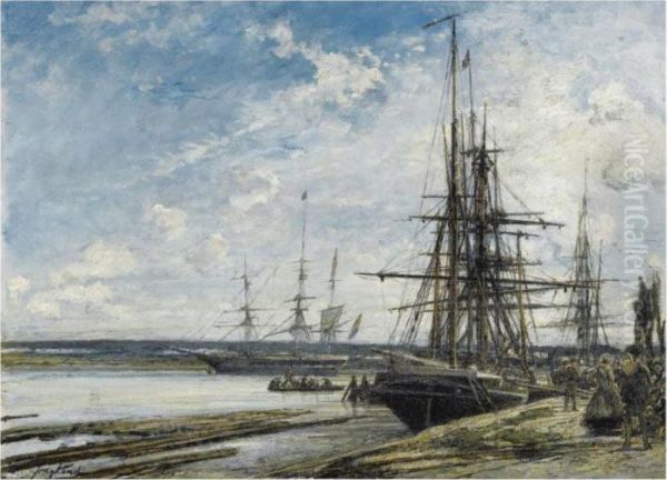 Moored Sailing Vessels On The River Maas Near Rotterdam Oil Painting by Johan Barthold Jongkind