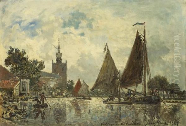 Village D'overschie: Shipping On The River Schie Off The Grotekerk, Overschie Oil Painting by Johan Barthold Jongkind