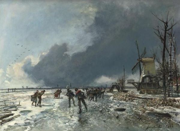 Patineurs En Hollande, Ciel Couvert: Skaters On A Frozenwaterway Oil Painting by Johan Barthold Jongkind