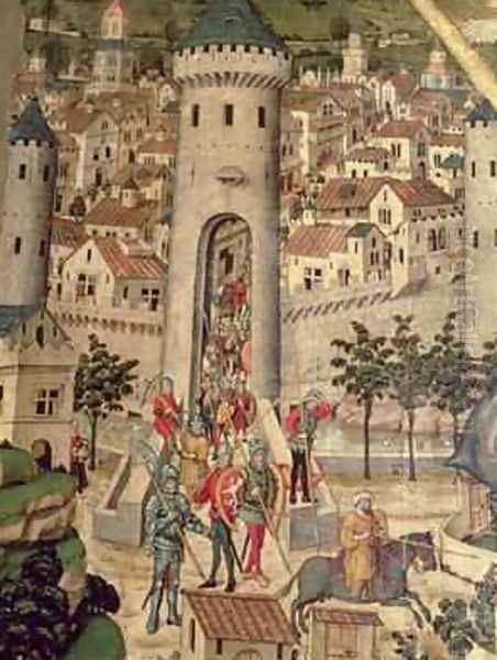 Saint Jordi Altarpiece detail showing the conquest of the City of Majorca by the army of James I 1229 Oil Painting by Pedro Nisart