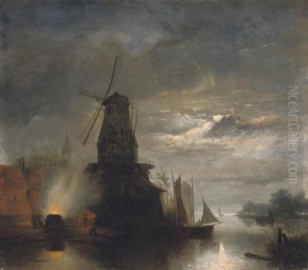 Moulin Et Scierie, Hollande: Windmill On The Water, Holland Oil Painting by Johan Barthold Jongkind