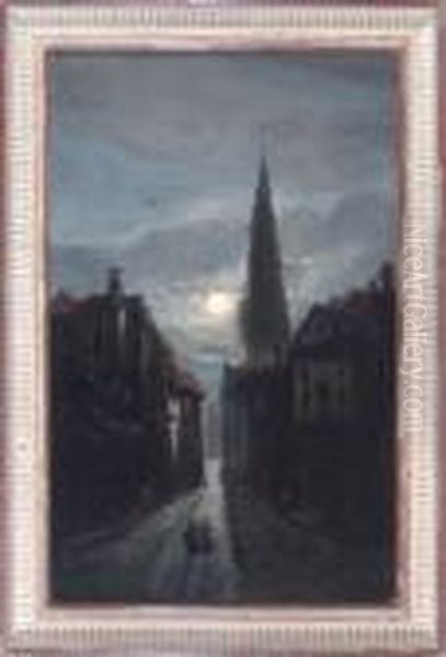 Niederlandische Strasenpartie Bei Vollmond Mit Zwei Spaziergangerinnen Oil Painting by Johan Barthold Jongkind