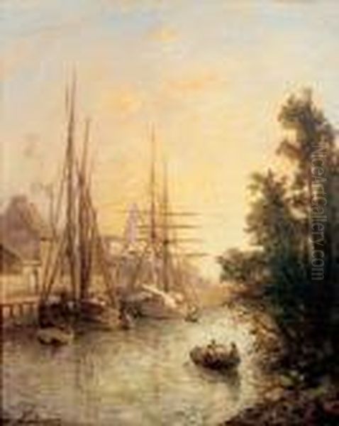 Bateaux Dans Le Canal Oil Painting by Johan Barthold Jongkind