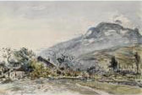 A Chalet In A Mountainous Landscape (recto); Figures On A Country Road (verso) Oil Painting by Johan Barthold Jongkind