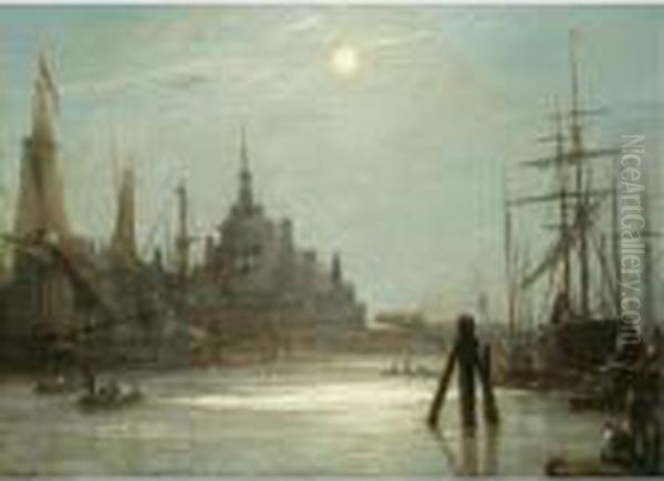 Le Hoofdpoort A Rotterdam, Effet De Lune Oil Painting by Johan Barthold Jongkind