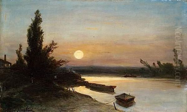 Paysage De Riviere Au Crepuscule 1855 Oil Painting by Johan Barthold Jongkind