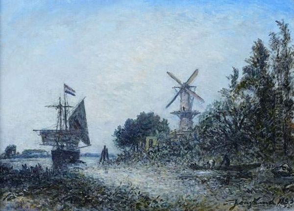 Petit Port Sur La Meuse Pres De Rotterdam Oil Painting by Johan Barthold Jongkind