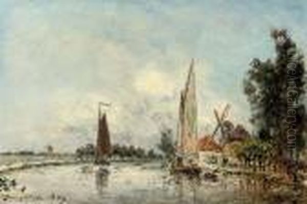 Sailing On The Schie Near Rotterdam Oil Painting by Johan Barthold Jongkind