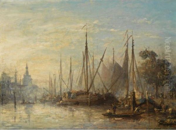 Le Port De Rotterdam, Au Fond Le Hoofdpoort Oil Painting by Johan Barthold Jongkind