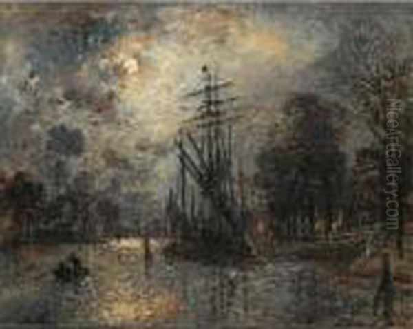 Voilier Au Clair De Lune, Hollande Oil Painting by Johan Barthold Jongkind