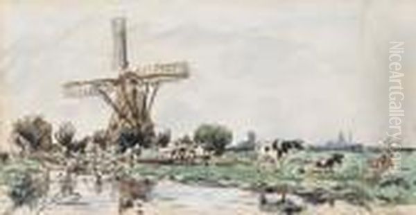 Un Moulin En Hollande, Des Vaches Dans Un Champ Au Premier Plan Oil Painting by Johan Barthold Jongkind