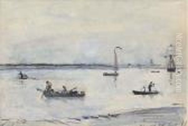 Boats On An Estuary, Antwerp Oil Painting by Johan Barthold Jongkind