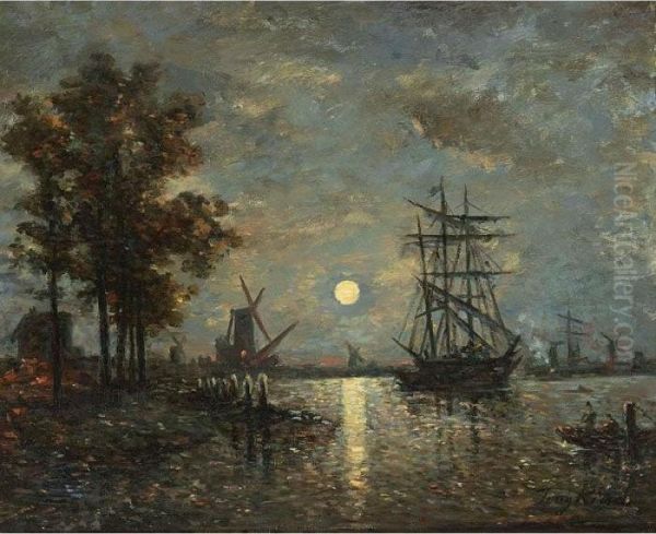 Bateaux En Hollande, Claire De Lune Oil Painting by Johan Barthold Jongkind