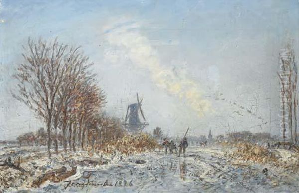 Patineurs Aux Environs De Rotterdam Oil Painting by Johan Barthold Jongkind