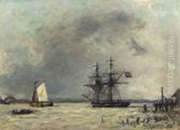 Brick Et Barques A L'embouchure D'un Fleuve, Temps Couvert, Antwerpen - De Schelde Oil Painting by Johan Barthold Jongkind