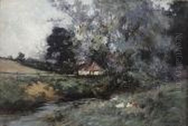 Paysage En Bleu (country Landscape With Ducks And Cottage) Oil Painting by Johan Barthold Jongkind