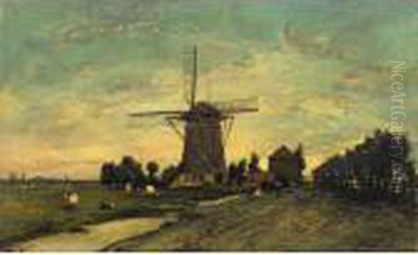 Moulin A Vent Pres D'overschie Oil Painting by Johan Barthold Jongkind