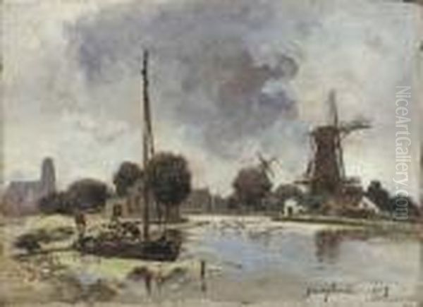 A Sailboat Moored On The Bank Of A Stream With A Windmill Beyond Oil Painting by Johan Barthold Jongkind